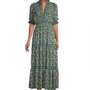 Max Studio Floral Print Midi Dress Green Tiered Ruffled Smocked Waist